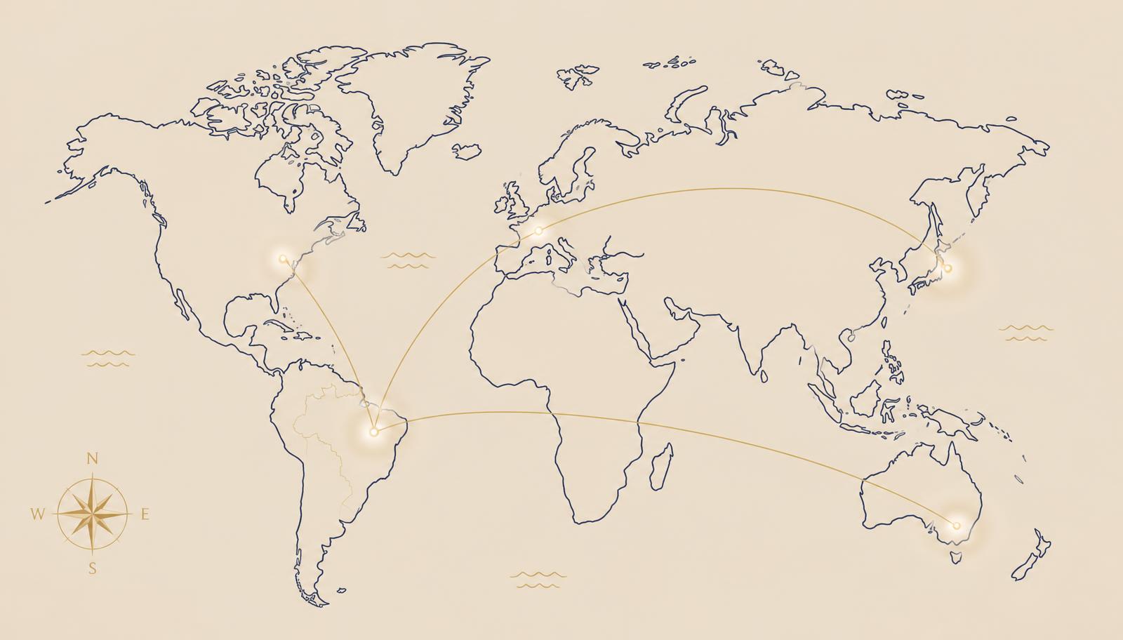 Mapa-múndi ligando o Brasil a brasileiros atendidos na Europa, América do Norte, Ásia e Oceania
